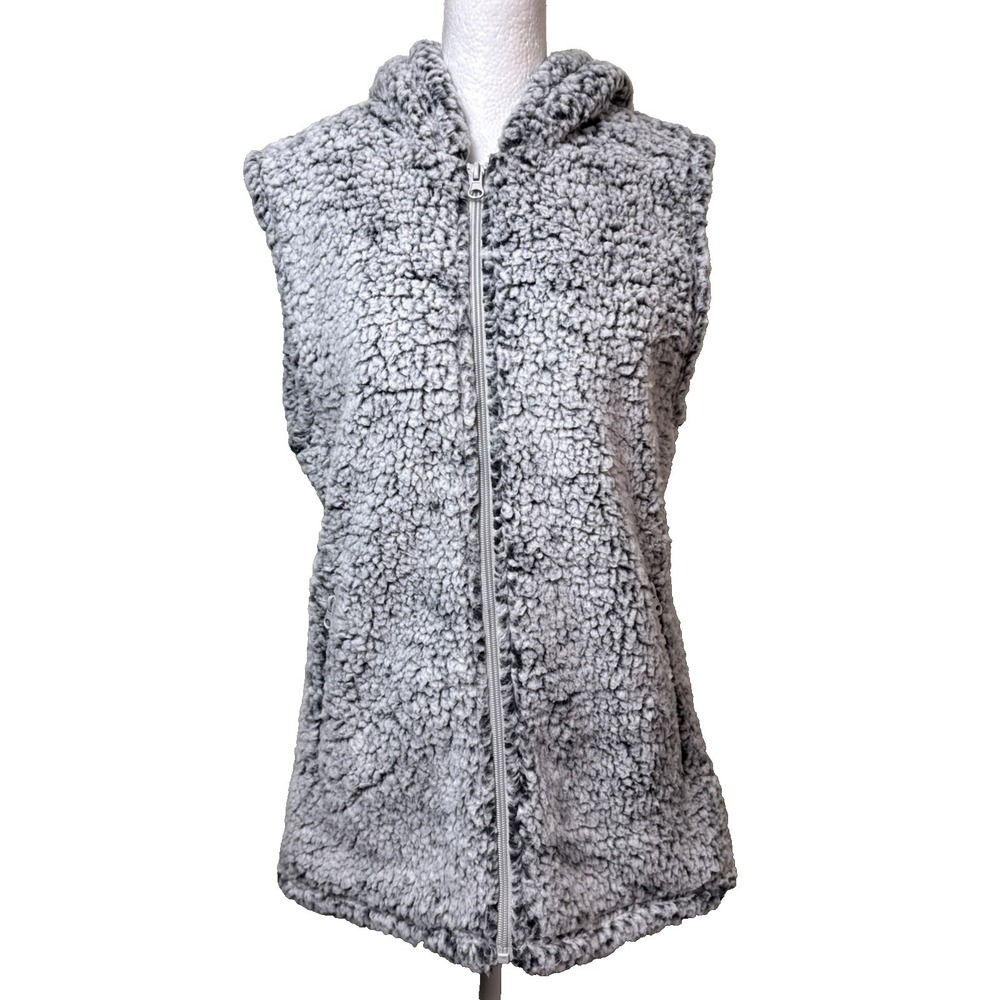 Karissa & Me Gray White Sherpa Fleece Hooded Zip Up Vest Gorpcore Shacket Medium